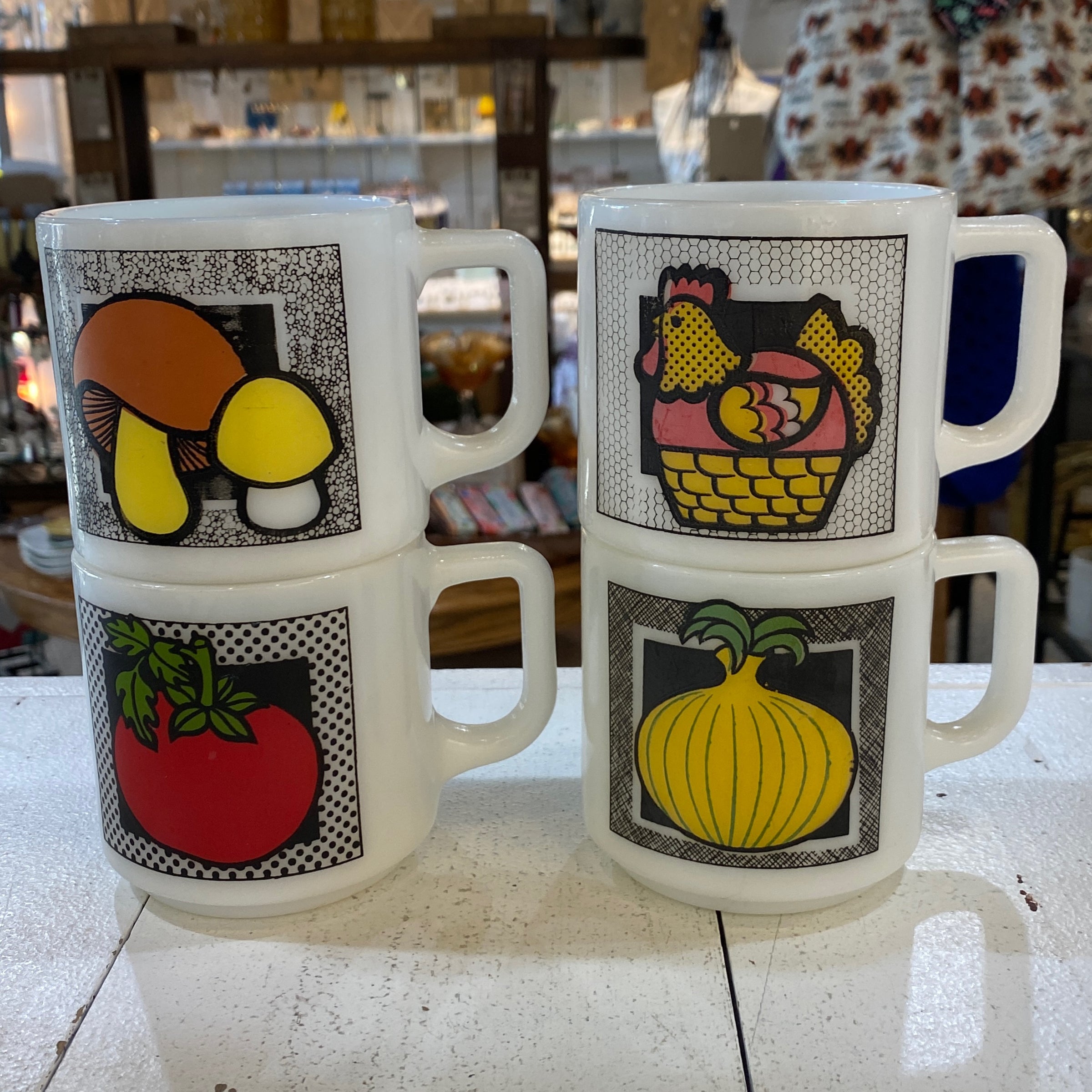 Vintage Hazel Atlas Brockway Milk Glass Mug with Retro Designs